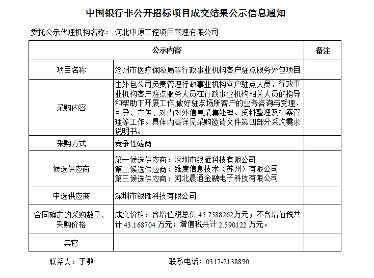 中國銀行非公開招標項目成交結(jié)果公示信息滄州市醫(yī)療保障局等行政事業(yè)機構(gòu)客戶駐點服務外包項目.png
