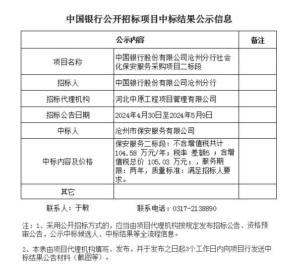 附件19：關(guān)于“中國銀行股份有限公司滄州分行社會化保安服務(wù)采購項目二標段”項目集中采購信息公開的通知.jpg